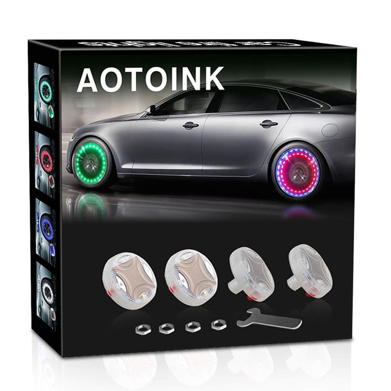 AOTOINK Car Wheel Tire Lights, 4Pcs Solar LED Car Wheel Nozzle Air Valve Cap Light with Motion Sensors Flash Colorful RGB Warning Decorative Neon LED for Cars Motorcycles Bicycles - Image 1